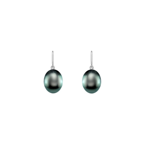 18ct white gold 9mm x 8.5mm freshwater black pearl hook earrings