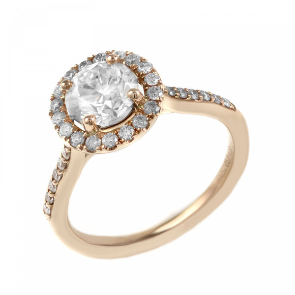 18ct rose gold 0.80ct F VS2 GIA round diamond halo ring