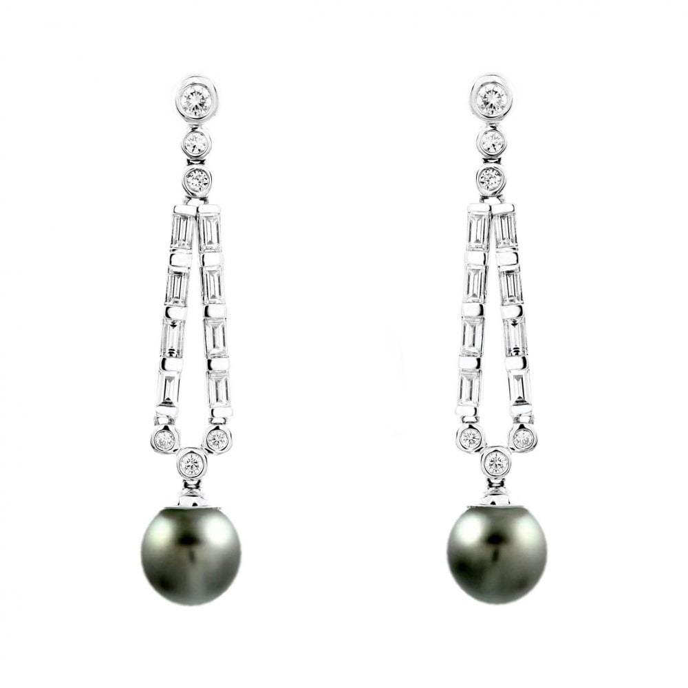 18ct white gold 8x8mm Tahitian pearl & 0.96ct diamond earrings