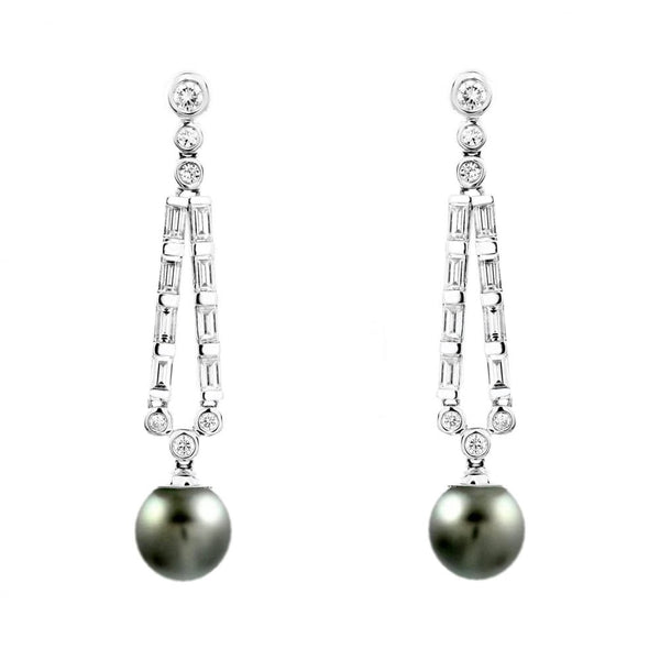 18ct white gold 8x8mm Tahitian pearl & 0.96ct diamond earrings