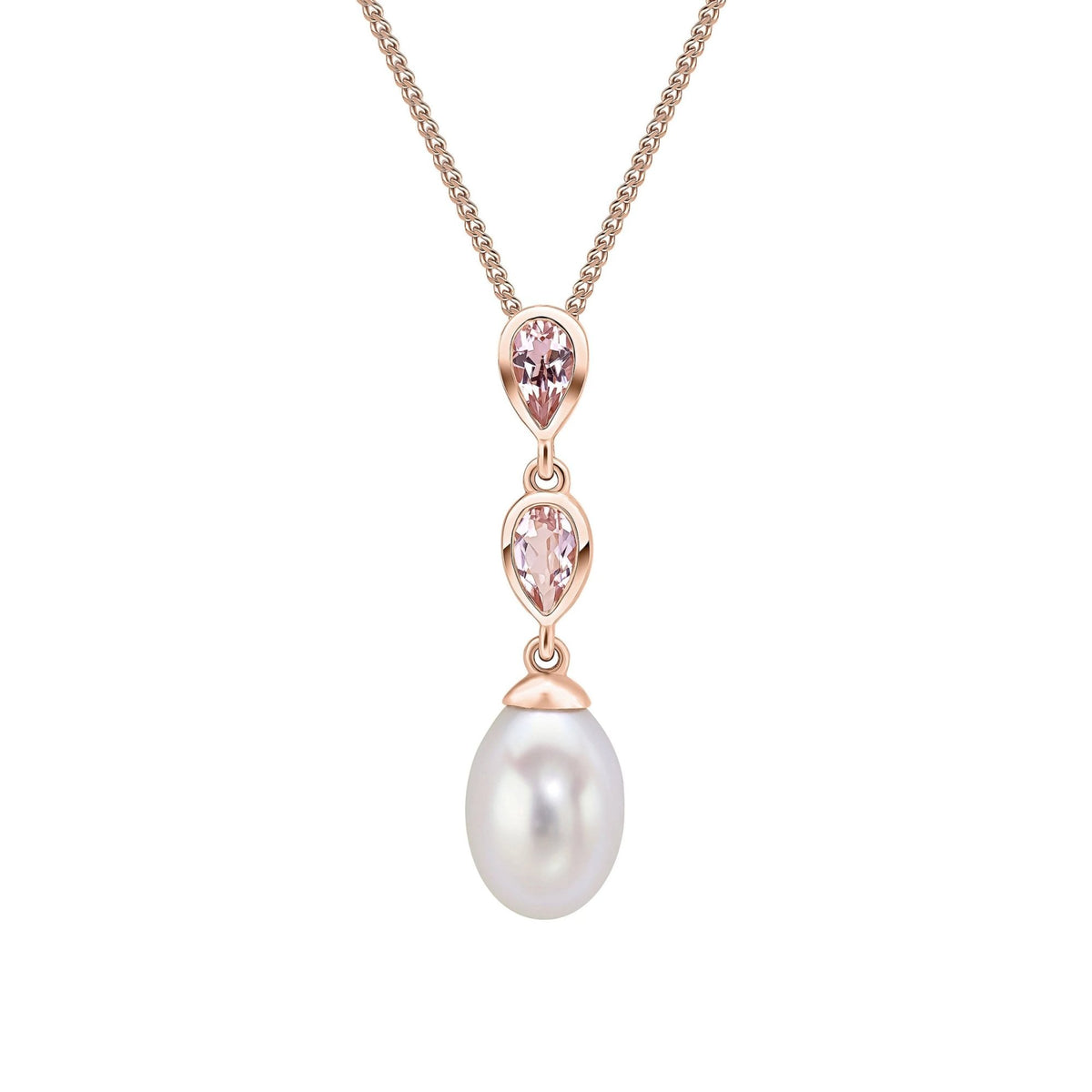 9ct rose gold 0.40ct morganite & pearl double drop pendant