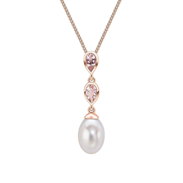 9ct rose gold 0.40ct morganite & pearl double drop pendant