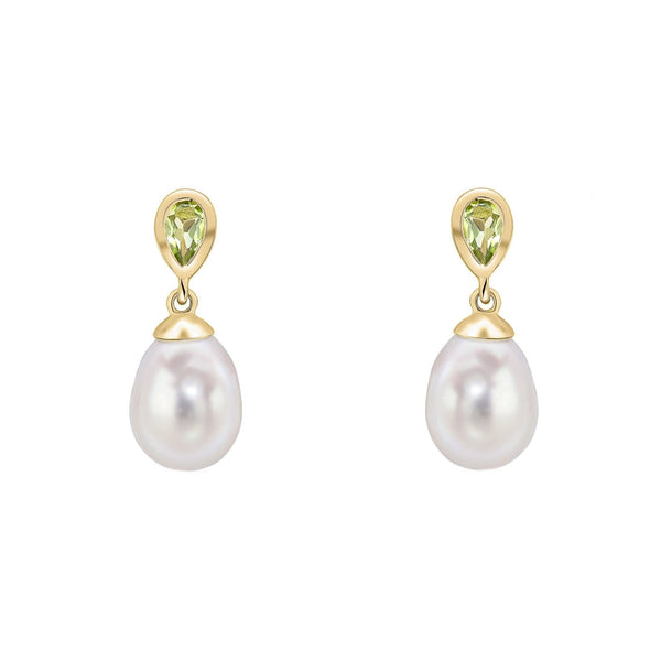 9ct yellow gold 0.35ct peridot & freshwater pearl drop earrings