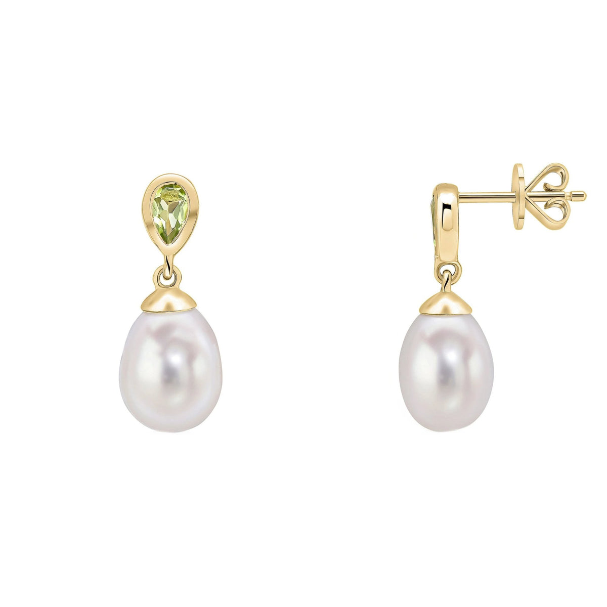 9ct yellow gold 0.35ct peridot & freshwater pearl drop earrings