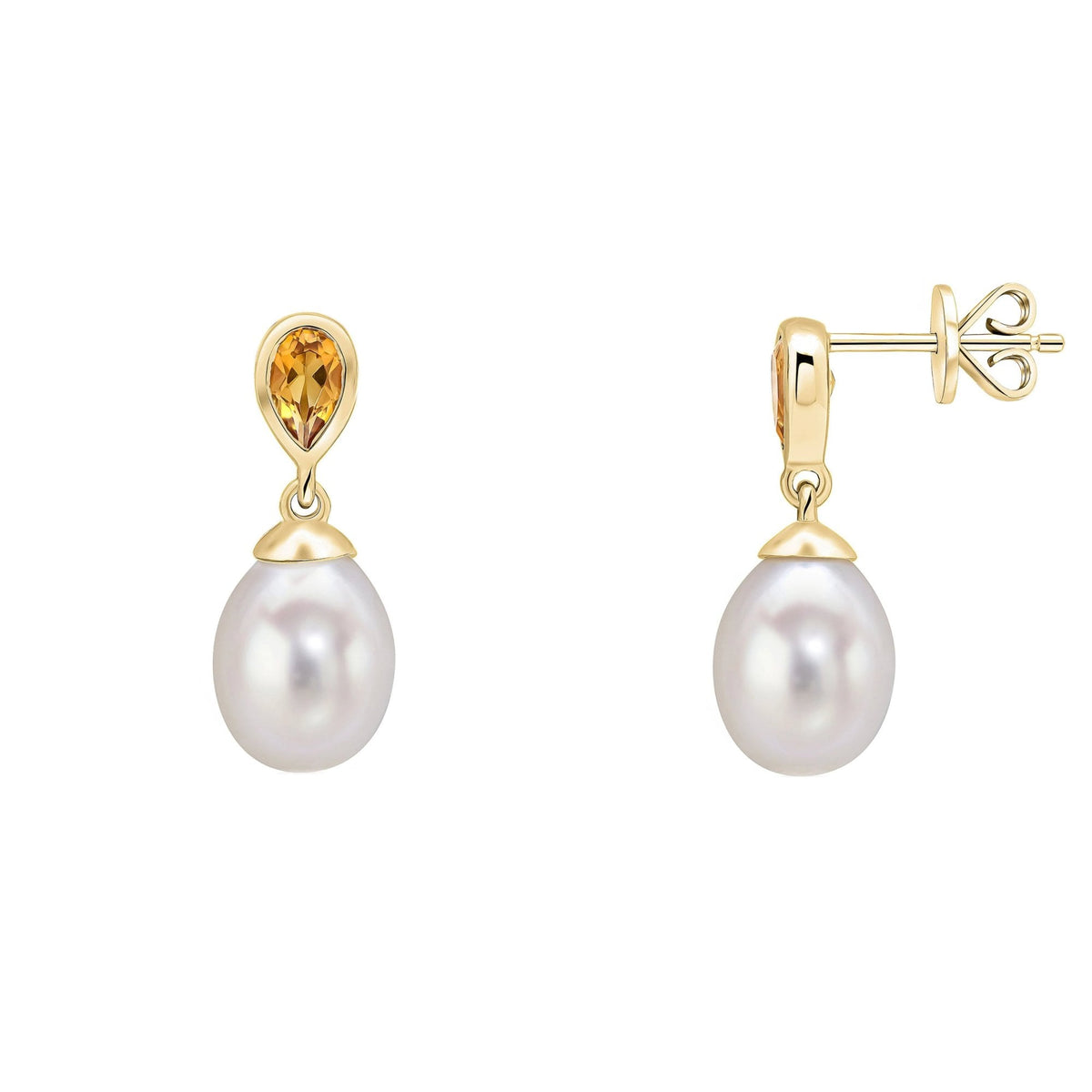 9ct yellow gold 0.39ct citrine & freshwater pearl drop earrings