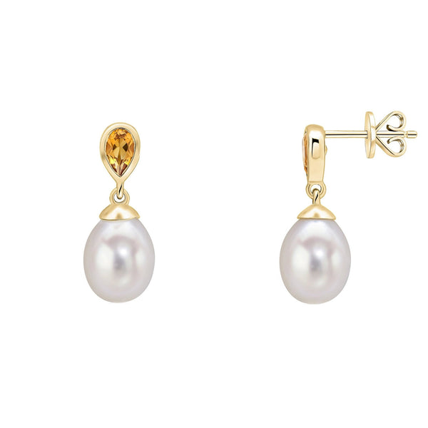 9ct yellow gold 0.39ct citrine & freshwater pearl drop earrings