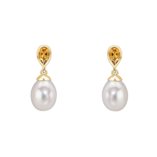 9ct yellow gold 0.39ct citrine & freshwater pearl drop earrings
