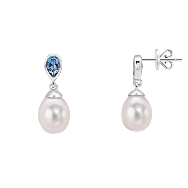 9ct white gold 0.47ct London topaz & pearl drop earrings