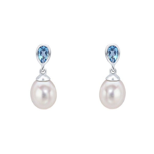 9ct white gold 0.51ct Swiss topaz & pearl drop earrings