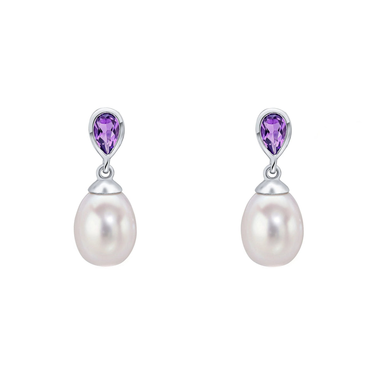 9ct white gold 0.33ct amethyst & freshwater pearl drop earrings