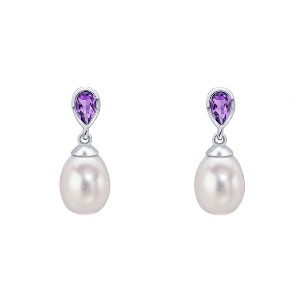 9ct white gold 0.33ct amethyst & freshwater pearl drop earrings