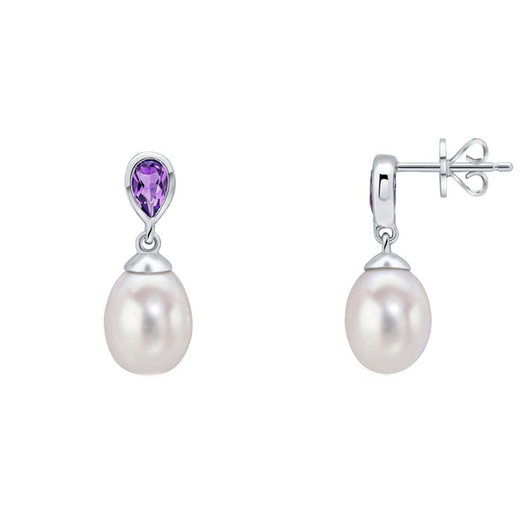 9ct white gold 0.33ct amethyst & freshwater pearl drop earrings