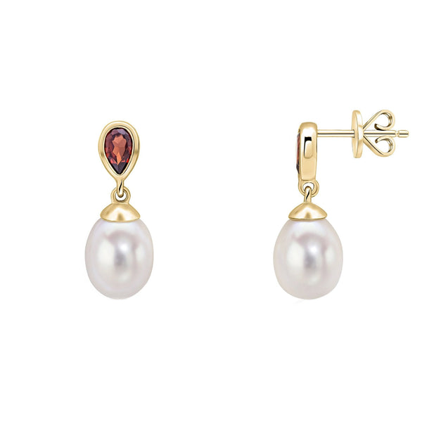 9ct yellow gold 0.53ct garnet & freshwater pearl drop earrings