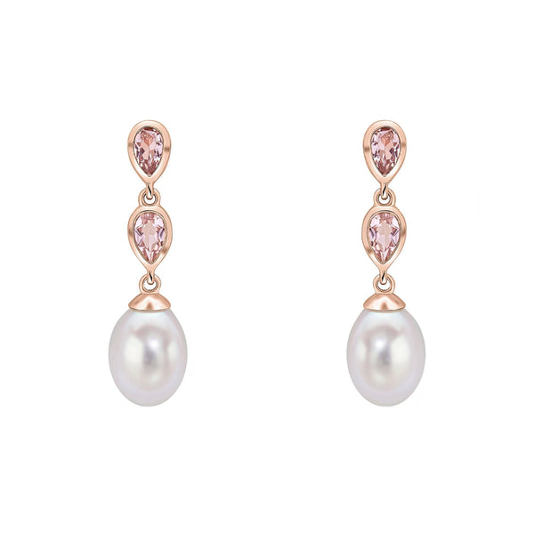 9ct rose gold 0.80ct morganite & pearl double drop earrings