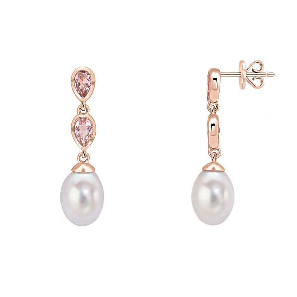 9ct rose gold 0.80ct morganite & pearl double drop earrings