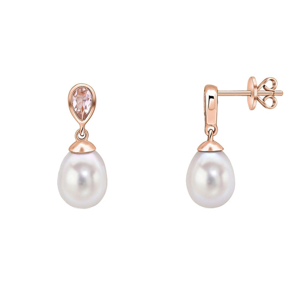 9ct rose gold 0.36ct morganite & freshwater pearl drop earrings