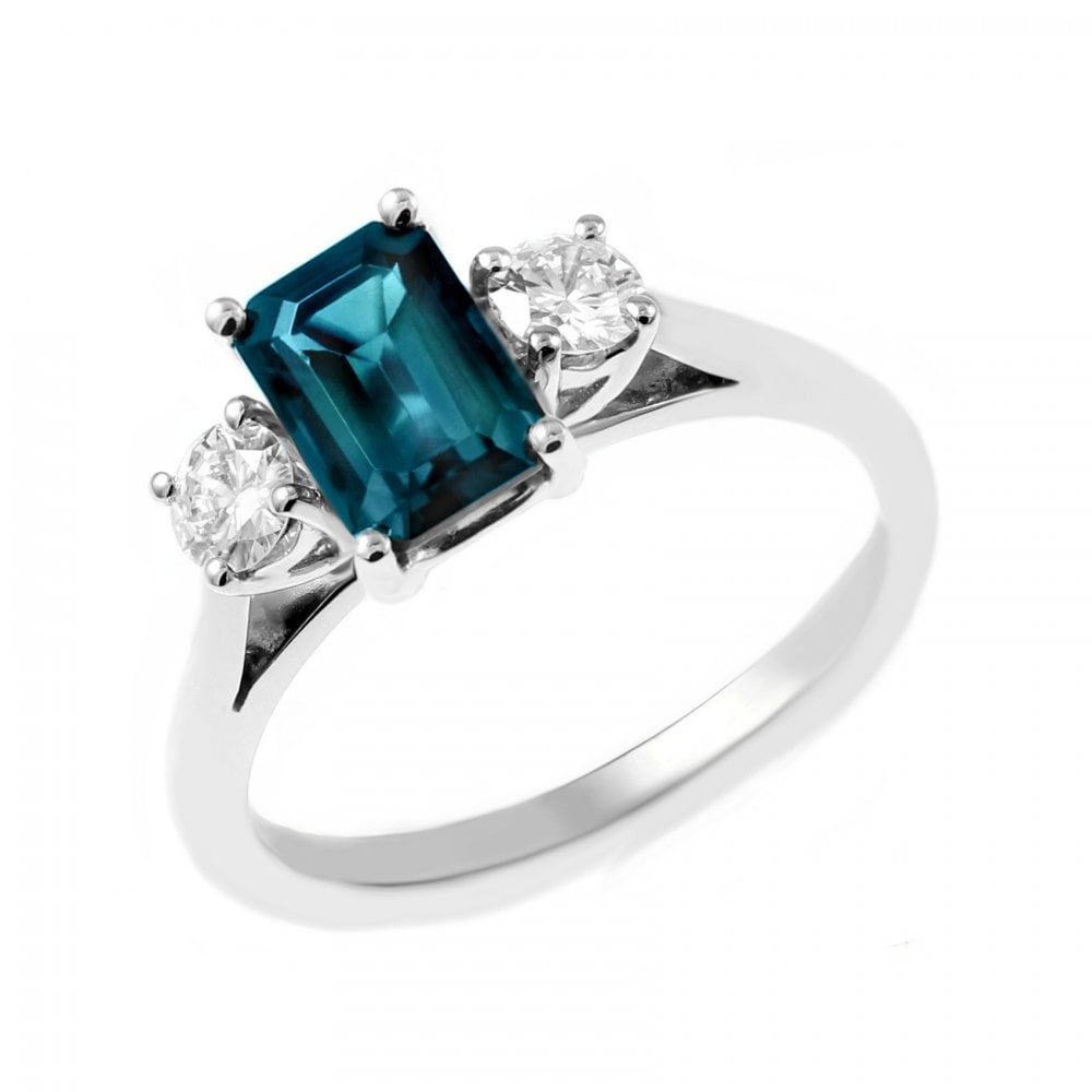 Platinum 0.96ct Blue Tourmaline & 0.30ct Diamond 3 Stone Ring