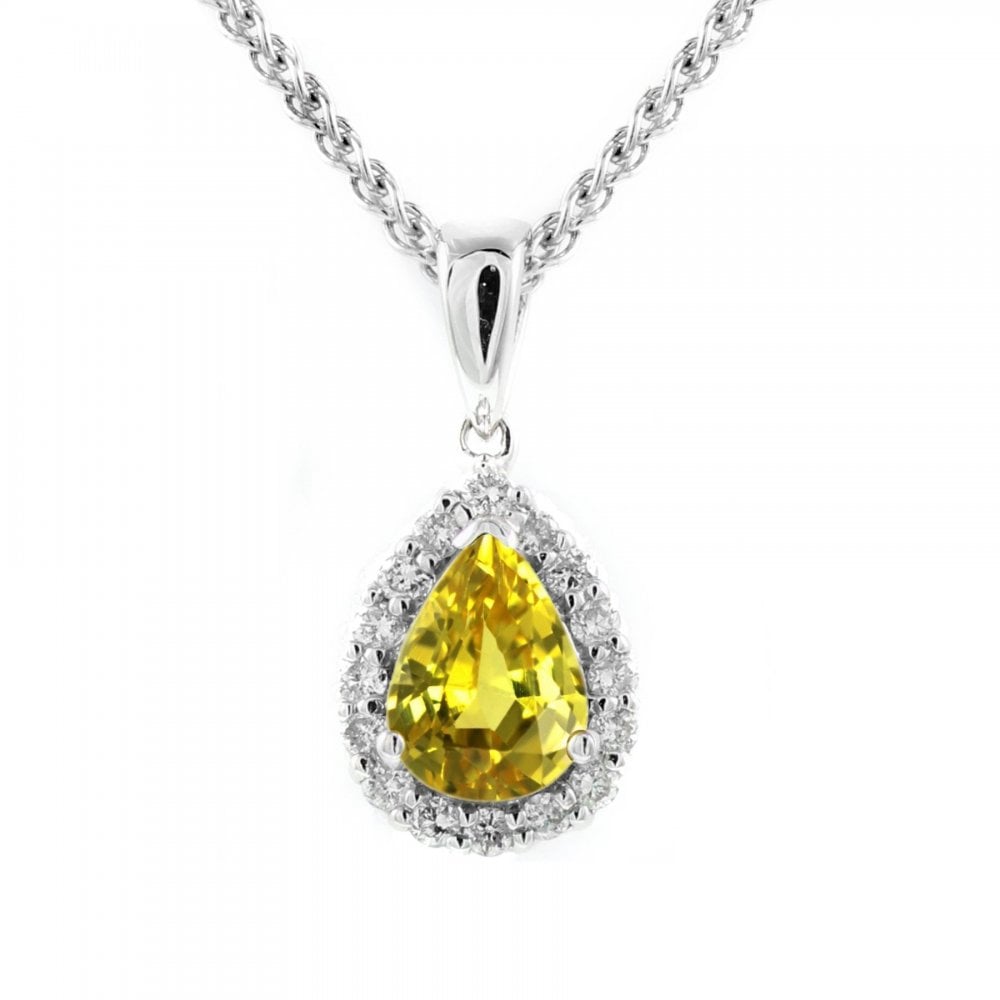 Platinum 0.92ct yellow sapphire & 0.14ct diamond cluster pendant