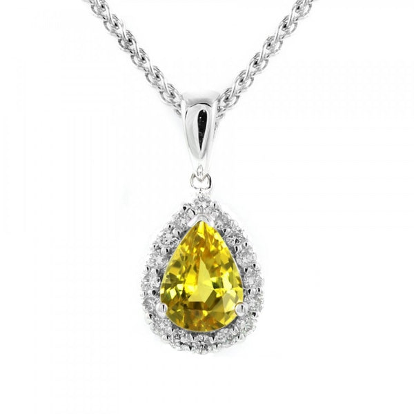 Platinum 0.92ct yellow sapphire & 0.14ct diamond cluster pendant
