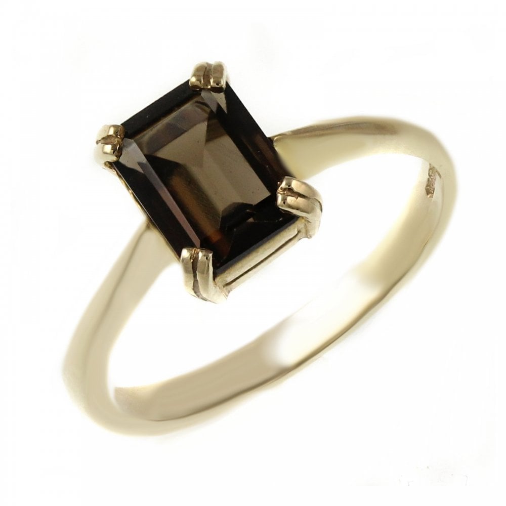 9ct yellow gold 8mm x 6mm emerald cut smoky quartz ring