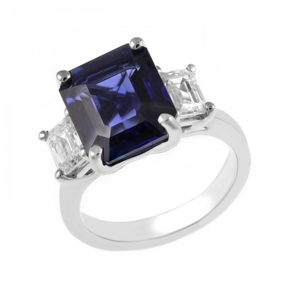 Platinum 7.28ct sapphire & 1.40ct diamond 3 stone ring