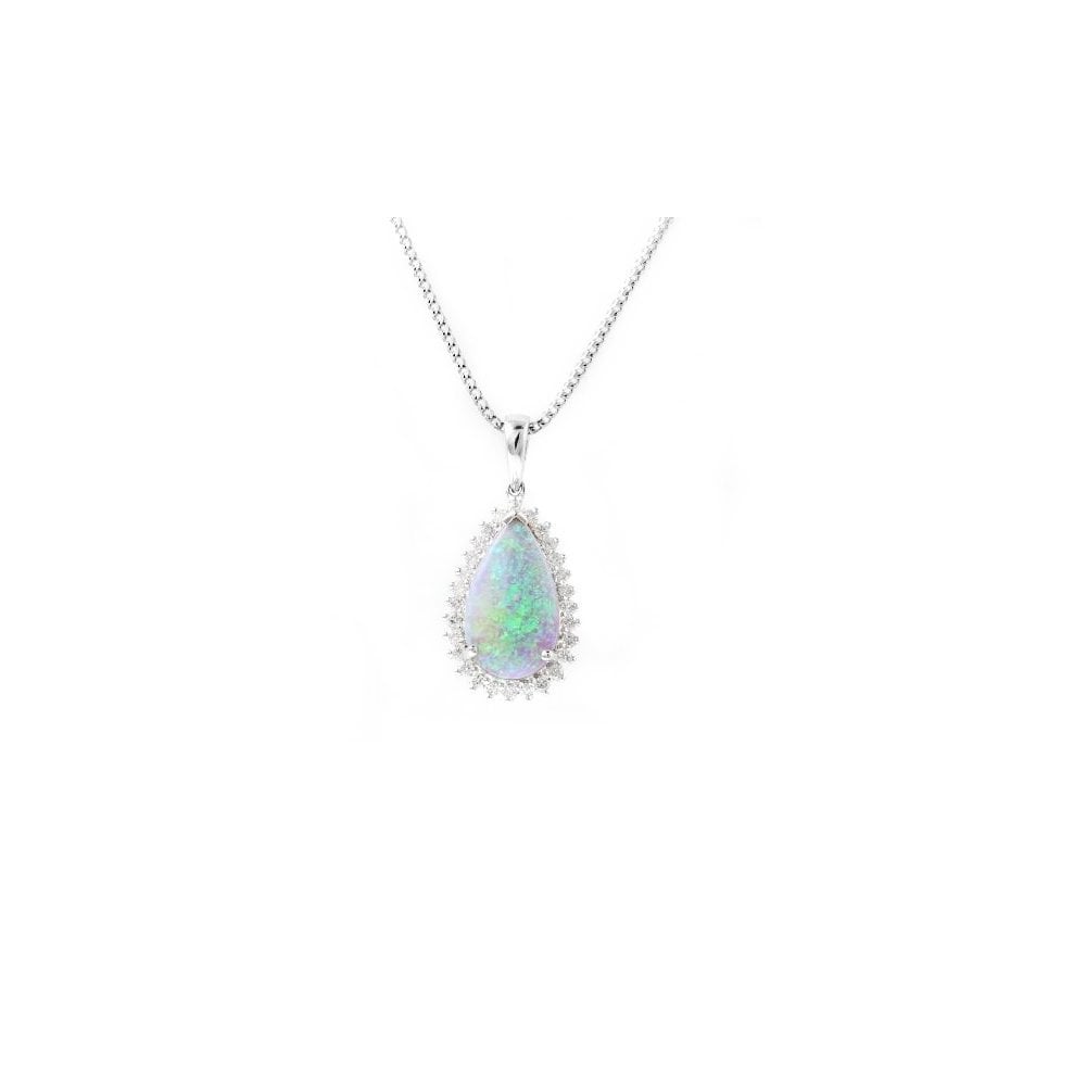 18ct white gold 2.77ct pear opal & 0.41ct diamond pendant