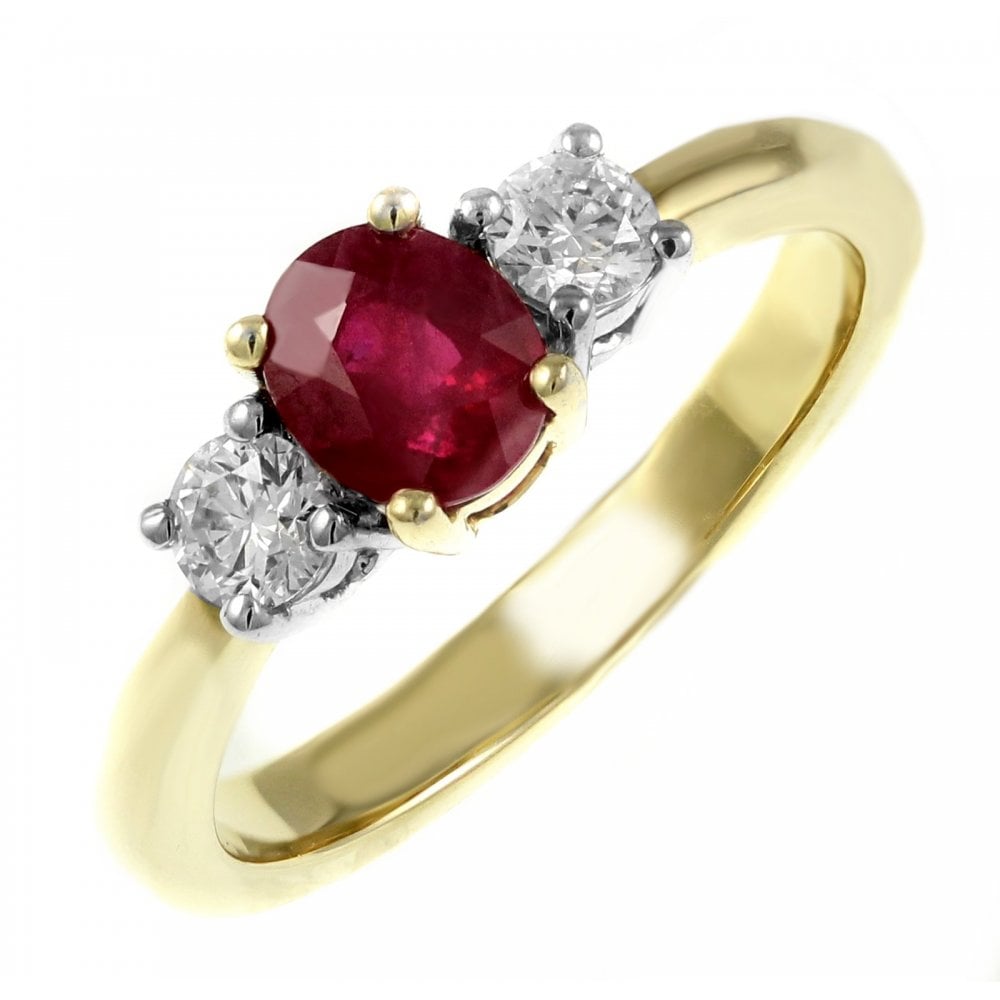 18ct yellow gold 1.11ct ruby & 0.34ct diamond 3 stone ring