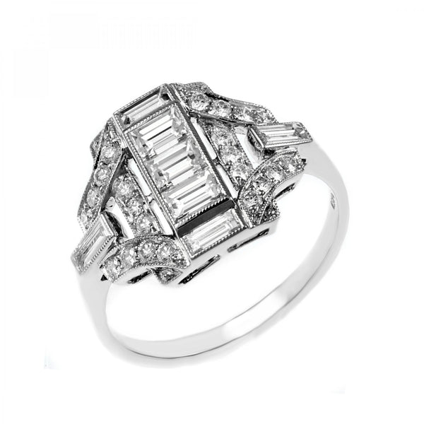 Platinum 0.87ct baguette & round diamond Art Deco style ring