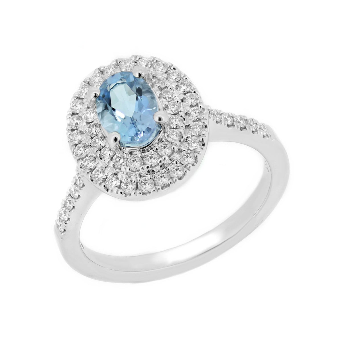 Platinum 0.75ct aquamarine & 0.50ct diamond double halo ring