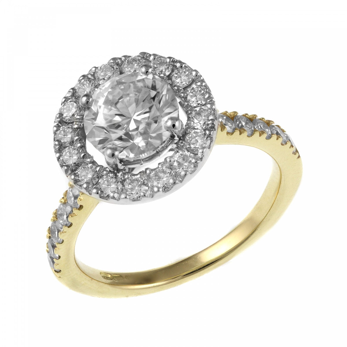 18ct yellow gold 1.50ct F VS2 IGL round brilliant halo ring