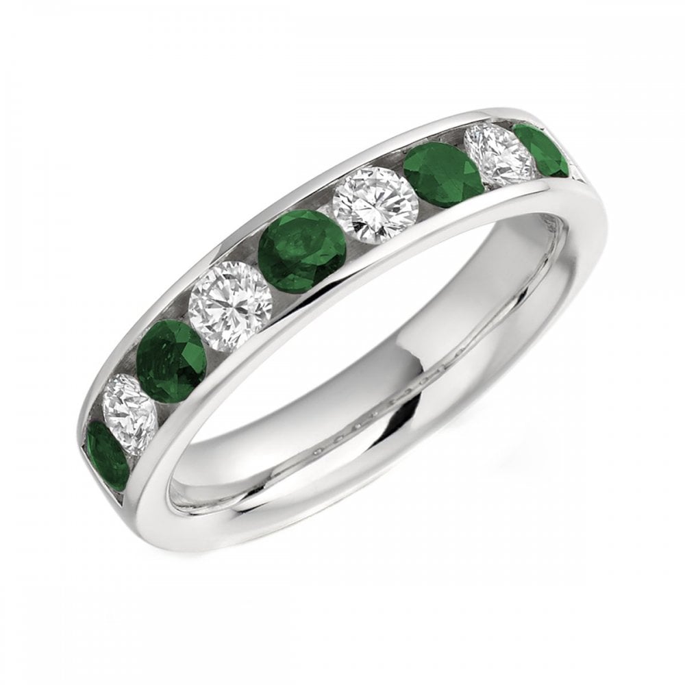 Platinum 0.55ct emerald & 0.46ct diamond half eternity ring