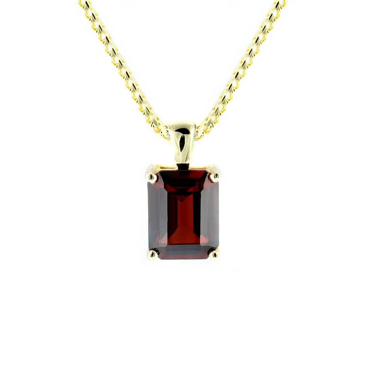 9ct yellow gold 8x6mm emerald cut garnet pendant