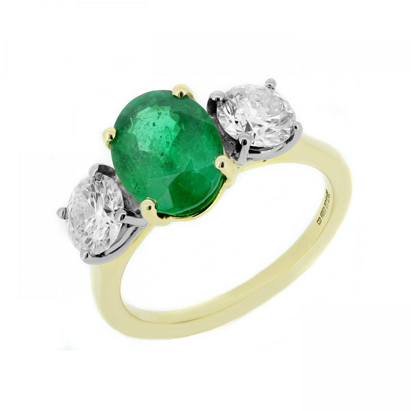 18ct yellow gold 2.40ct emerald & 1.42ct diamond 3 stone ring