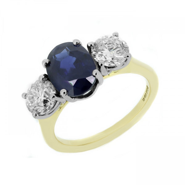 18ct yellow gold 2.99ct sapphire & 1.40ct diamond 3 stone ring