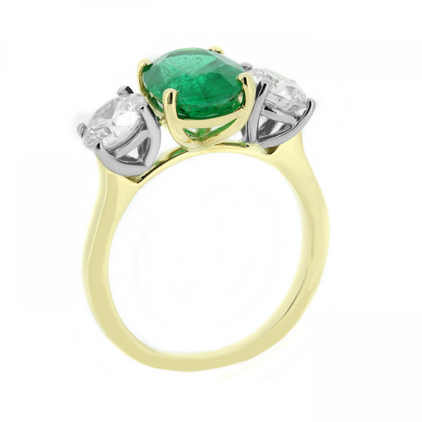 18ct yellow gold 2.40ct emerald & 1.42ct diamond 3 stone ring