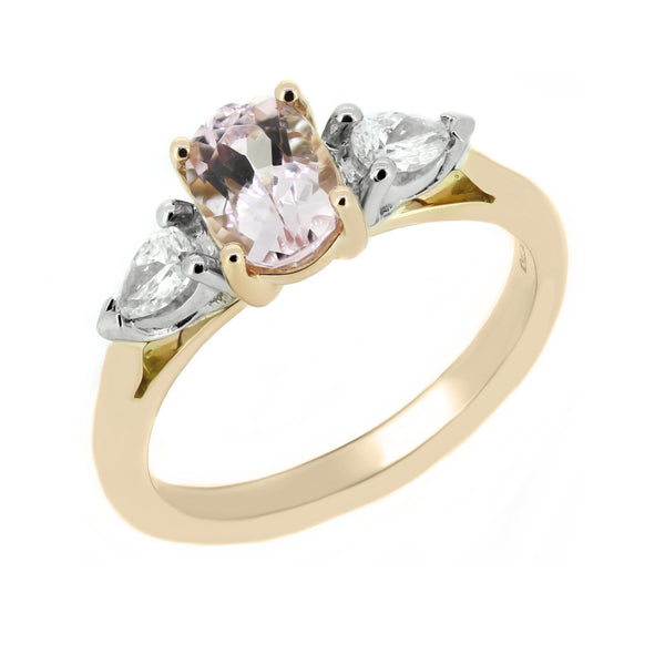 18ct rose gold 0.88ct morganite & 0.25ct diamond 3 stone ring