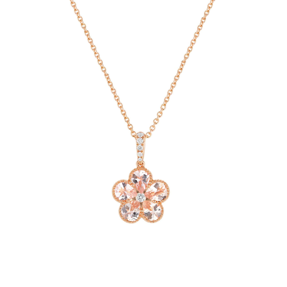 18ct rose gold 1.31ct morganite diamond flower cluster pendant