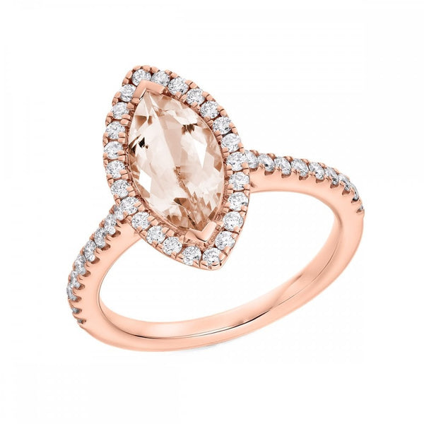 18ct rose gold 1.60ct morganite & 0.50ct diamond halo ring