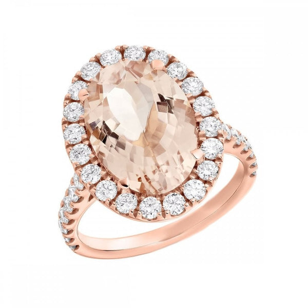 18ct rose gold 5.60ct morganite & 1.20ct diamond halo ring