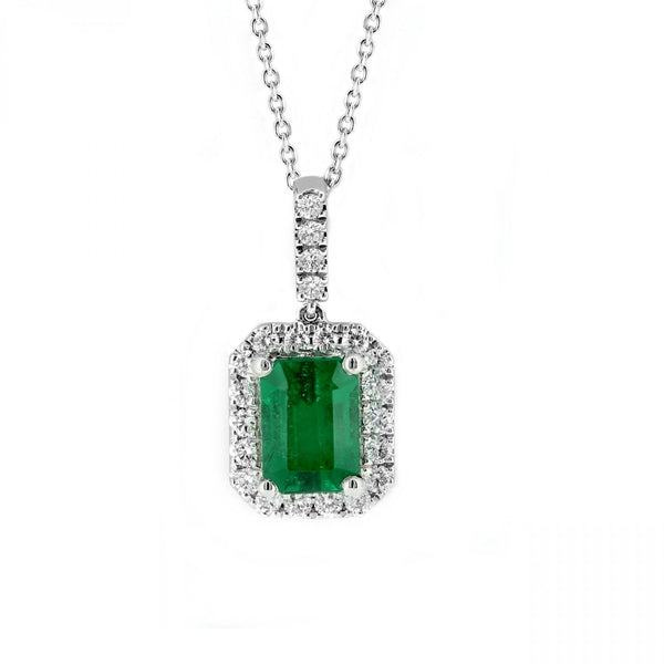 Platinum 0.91ct emerald & 0.38ct diamond cluster pendant