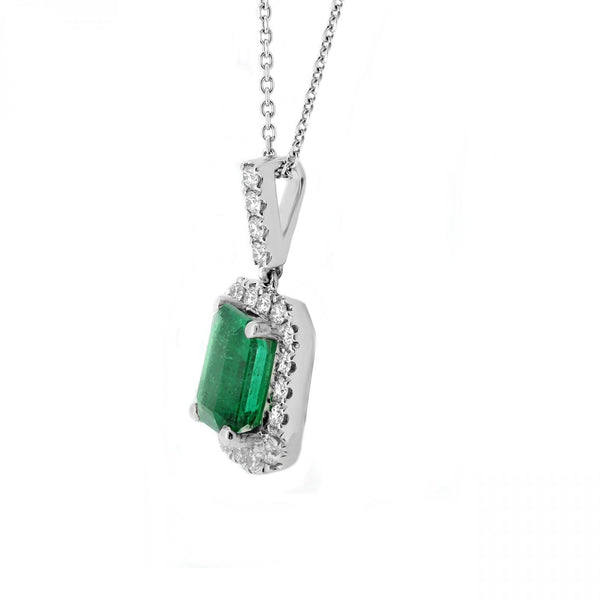 Platinum 0.91ct emerald & 0.38ct diamond cluster pendant