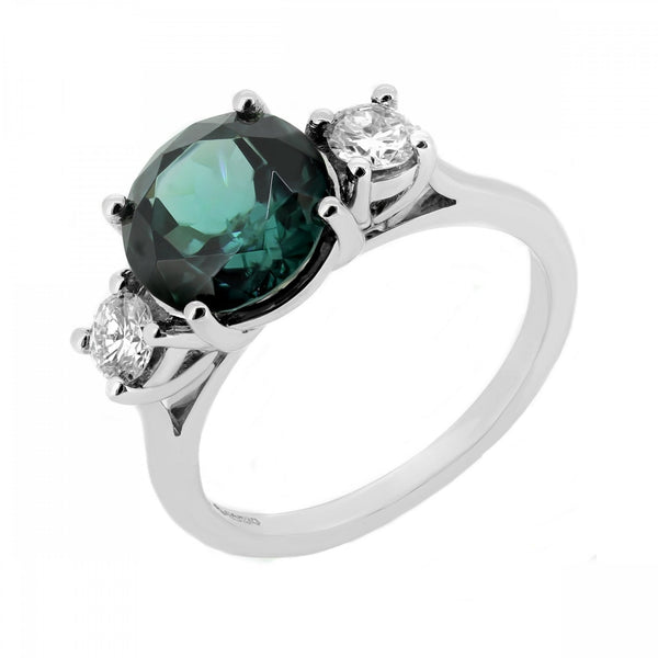 Platinum 2.87ct teal tourmaline & 0.38ct diamond 3 stone ring