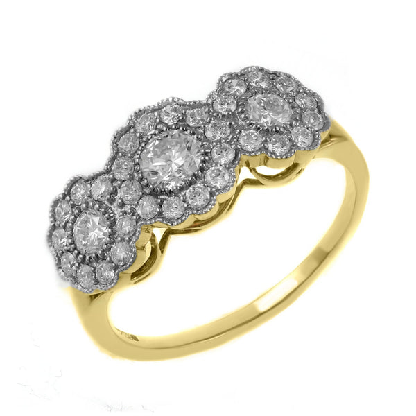 18ct yellow gold 0.81ct round diamond triple cluster ring