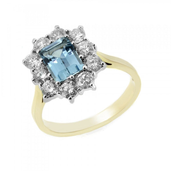 18ct yellow gold 1.47ct aquamarine & 1.52ct diamond cluster ring