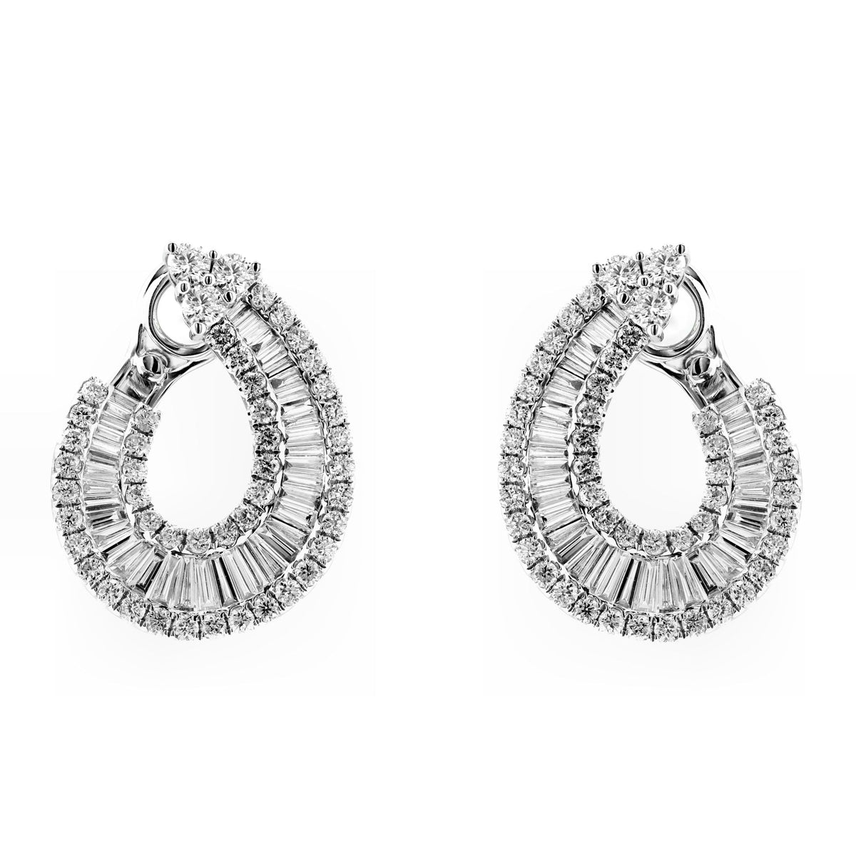 18ct white gold 3.40ct baguette & round diamond hoop earrings