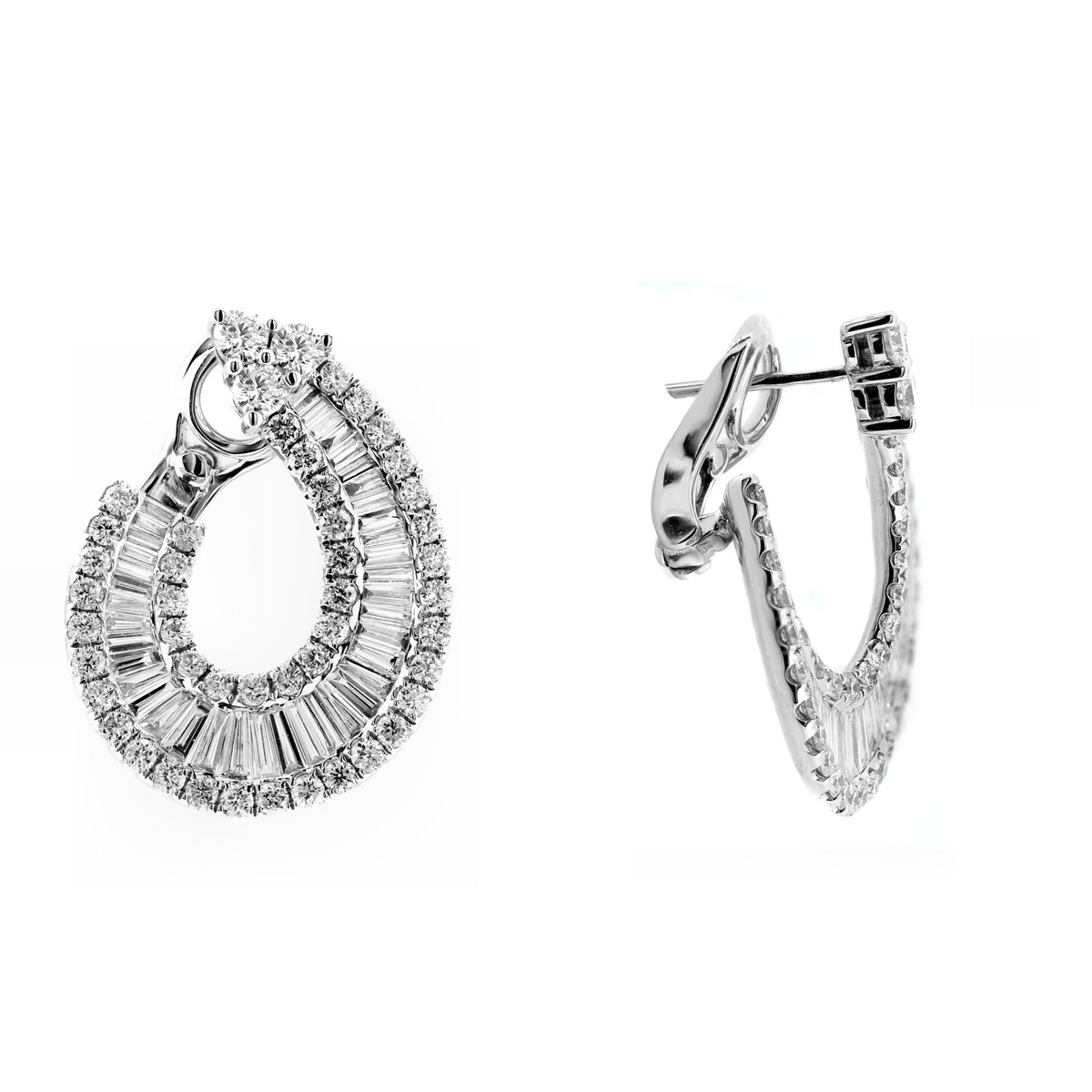 18ct white gold 3.40ct baguette & round diamond hoop earrings