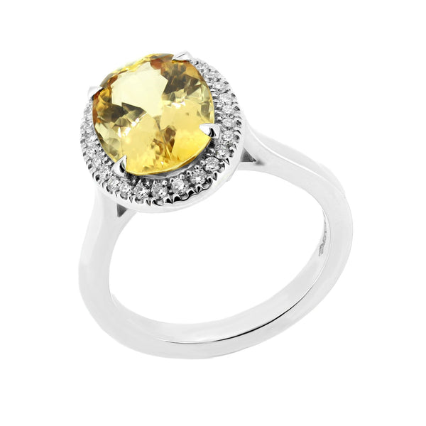 Platinum 5.09ct golden topaz & 0.26ct diamond halo ring