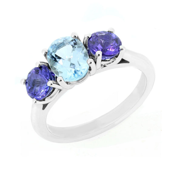 Platinum 1.27ct aquamarine & 1.27ct tanzanite 3 stone ring