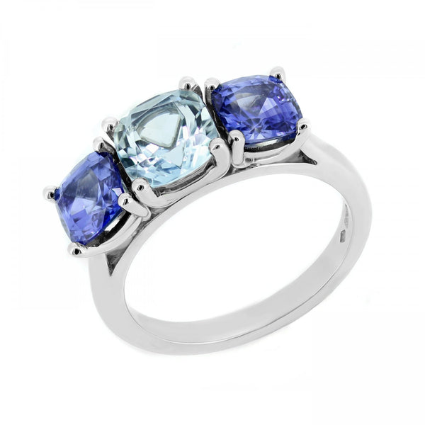Platinum 1.46ct aquamarine & 2.35ct sapphire 3 stone ring