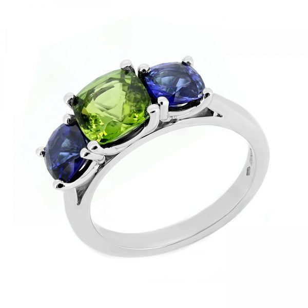 Platinum 1.87ct green tourmaline & 1.80ct sapphire 3 stone ring